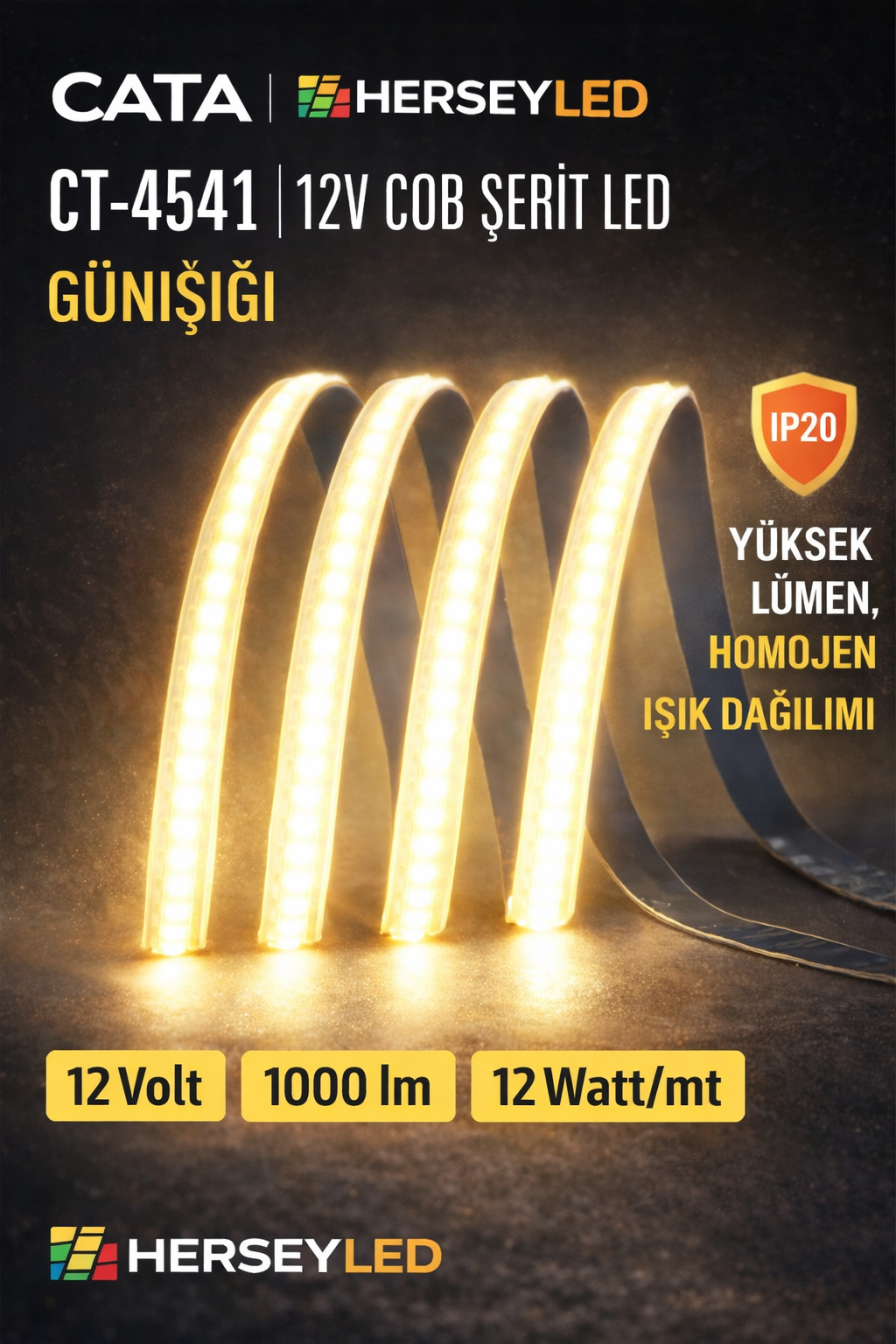 CATA (CT-4541) 12V COB ŞERİT LED GÜNIŞIĞI IP20  (5 Metre /Paket) YÜKSEK LÜMEN