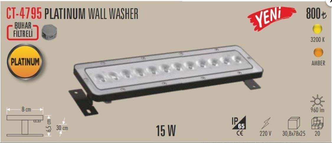 CATA CT-4795 15W Platinium Wallwasher – 30cm GÜNIŞIĞI Işık, 220V, IP65 Dış Mekan Buhar Filtresi, 960 Lümen
