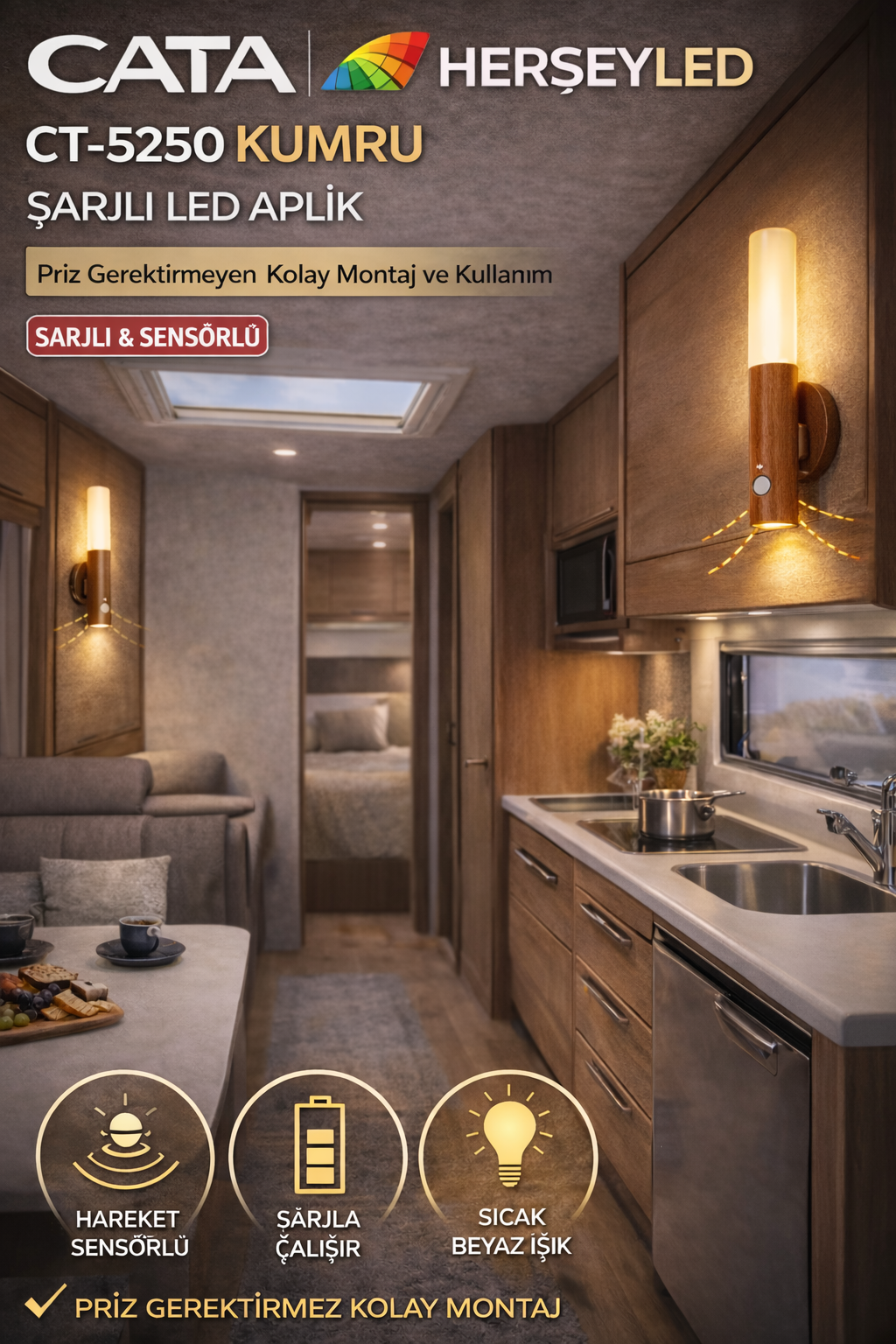 CATA (CT-5250) KUMRU ŞARJLI LED APLİK GÜNIŞIĞI IŞIK ( HAREKET SENSÖRLÜ ) ( AHŞAP GÖRÜNÜMLÜ KASA)