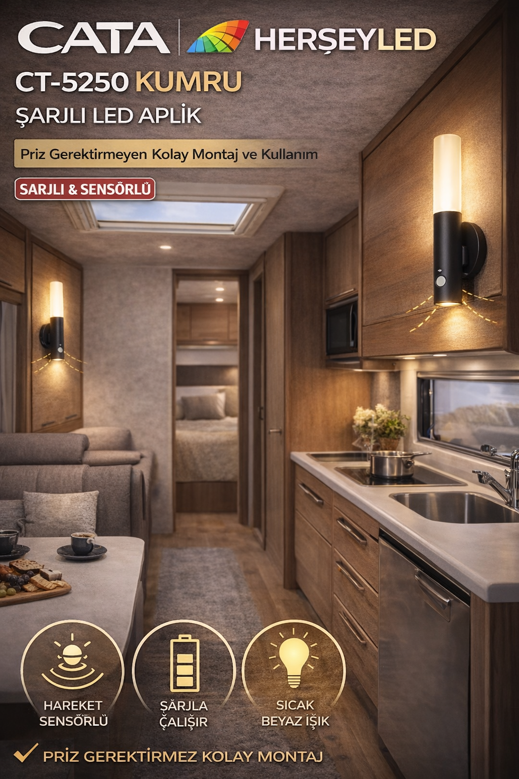 CATA (CT-5250) KUMRU ŞARJLI LED APLİK GÜNIŞIĞI IŞIK ( HAREKET SENSÖRLÜ ) ( SİYAH KASA)