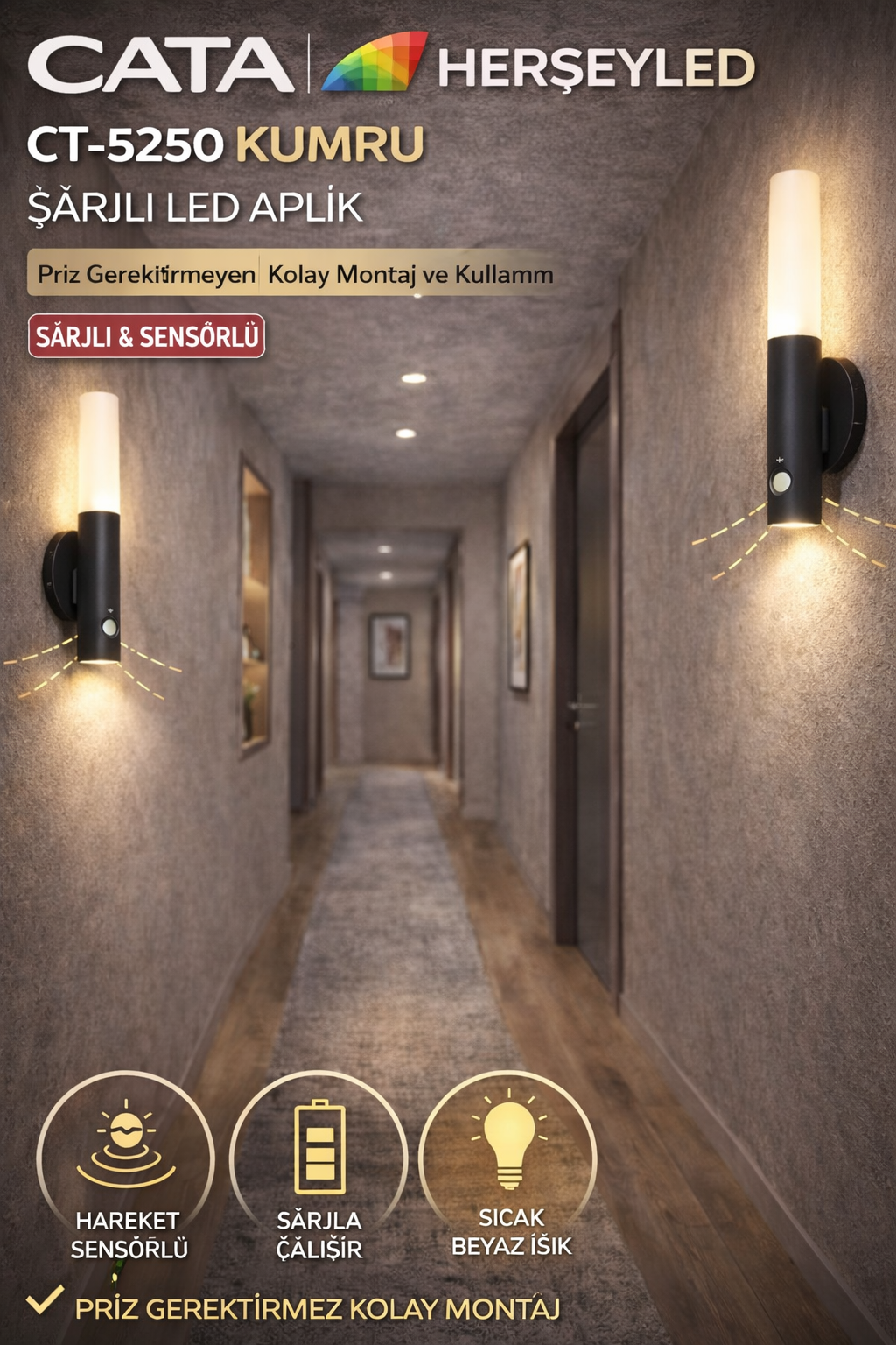 CATA (CT-5250) KUMRU ŞARJLI LED APLİK GÜNIŞIĞI IŞIK ( HAREKET SENSÖRLÜ ) ( SİYAH KASA)