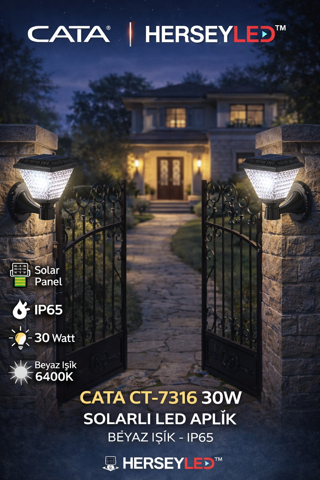 CATA CT-7316 30W SOLARLI LED APLİK BEYAZ IŞIK - IP65