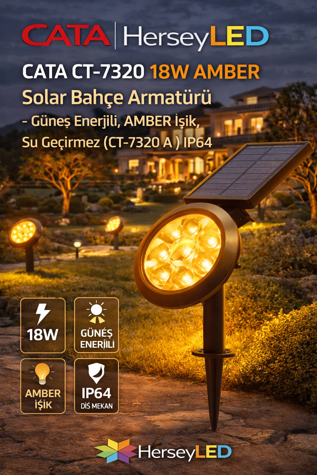 CATA CT-7320 18W AMBER Solar Bahçe Armatürü – Güneş Enerjili, AMBER Işık, Su Geçirmez (CT-7320 A ) IP64
