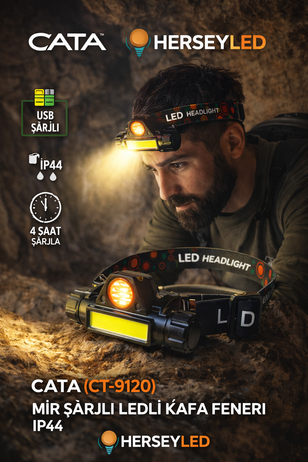 CATA (CT-9120) MİR ŞARJLI LEDLİ KAFA FENERİ IP44