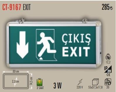 CATA CT-9167 Işıklı Şarjlı Exit Tabelası – Aşağı Ok Çıkış Yönlendirme Levhası