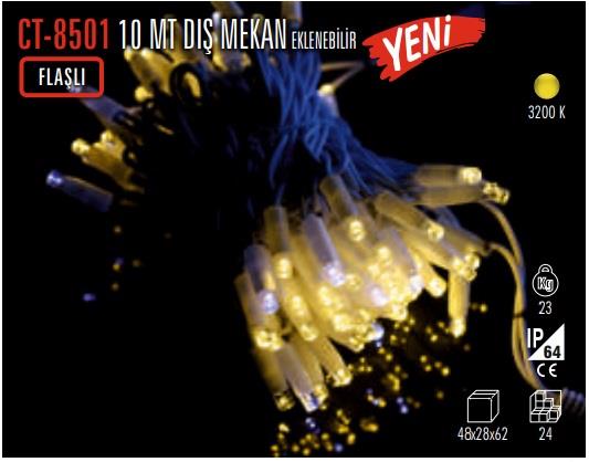 CT-8501 10mt Dış Mekan Eklenebilir ( Günışığı ) ( Flaşlı ) 100 ledli İp Led Cata