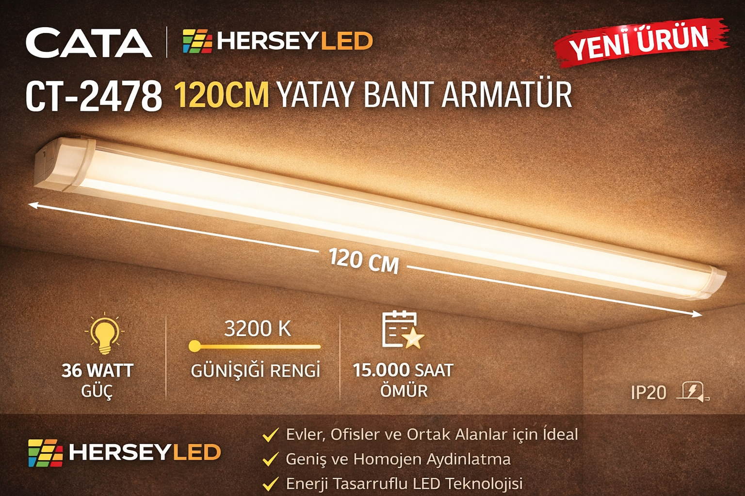 Cata CT-2478 36w 120cm Ledli Bant Armatür GÜNIŞIĞI ışık 3200K