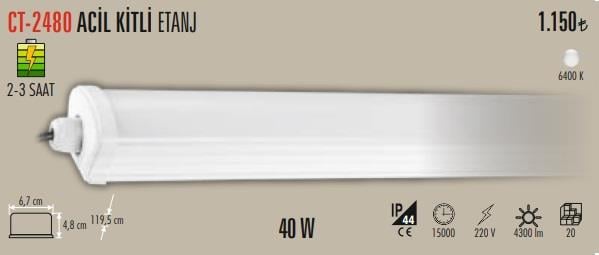 Cata CT-2480 40 Watt Acil Kitli Nemli Yer Etanj Armatür BEYAZ IŞIK 6500K