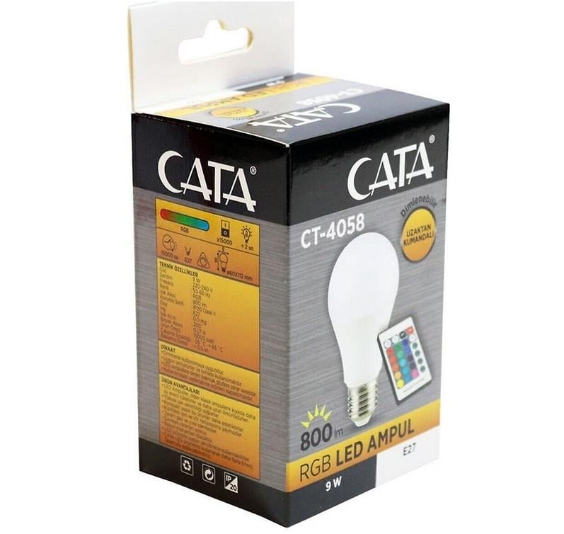 CATA CT-4058 9W RGB + 6500K Beyaz LED Ampul – E27 Duy, 220V, Uzaktan Kumandalı, Dim Edilebilir