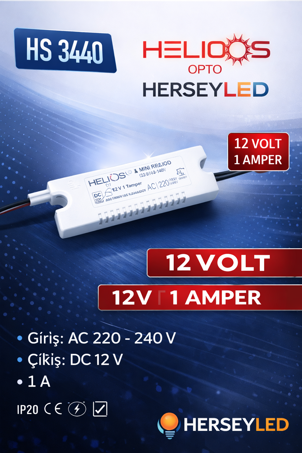 HELİOS (HS-3440) 12V 1 AMPER MİNİ TRAFO 12W