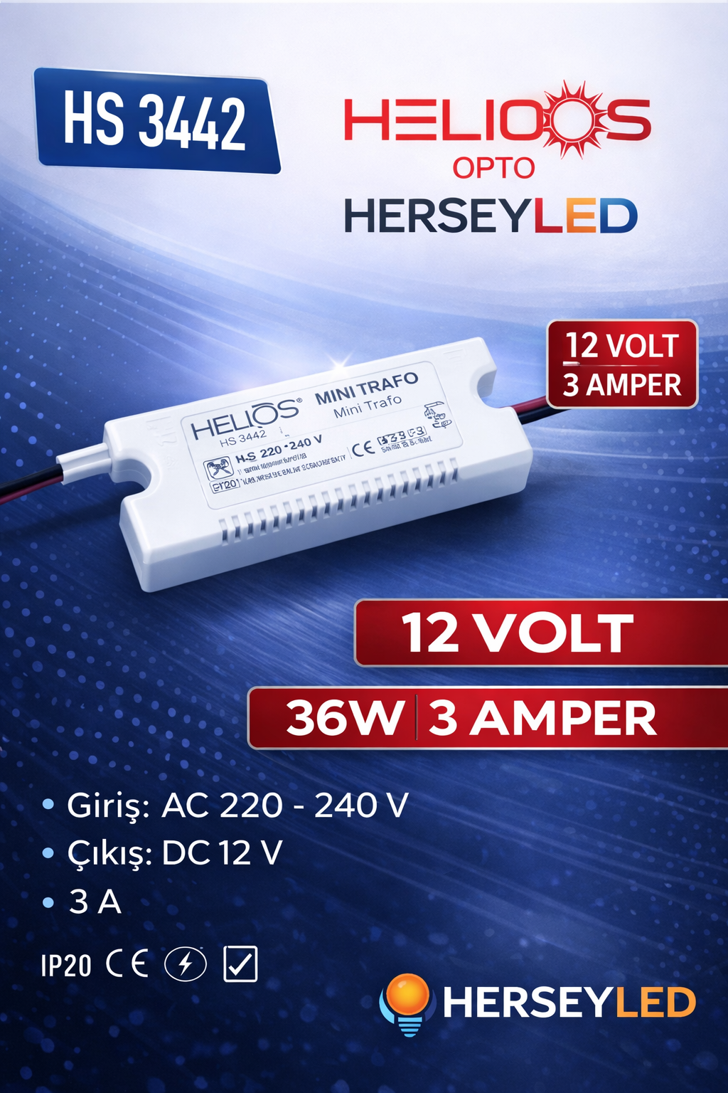 HELİOS (HS-3442) 12V 3 AMPER MİNİ TRAFO 36W