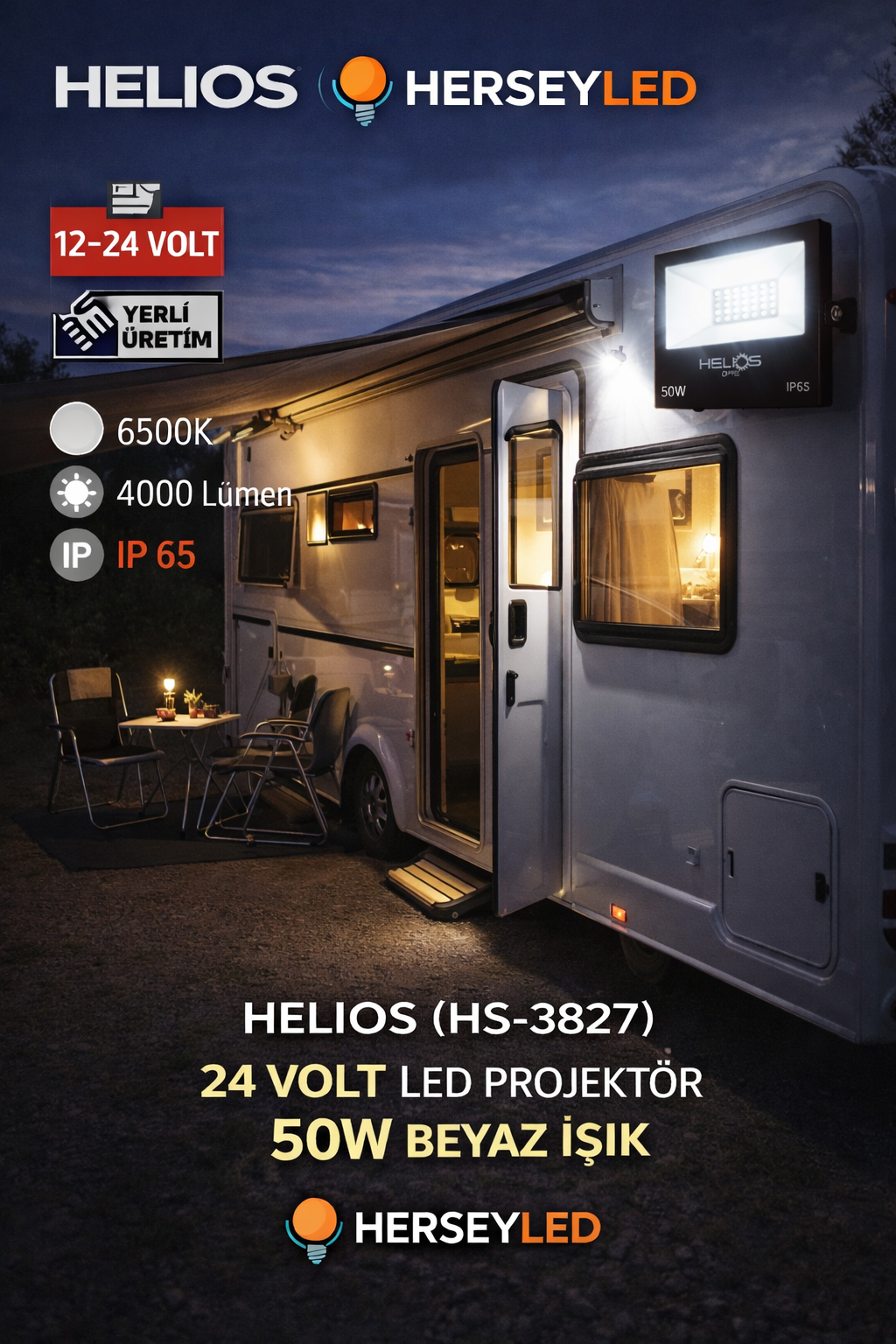 HELIOS (HS-3827) 12/24 VOLT LED PROJEKTÖR 50W BEYAZ IŞIK