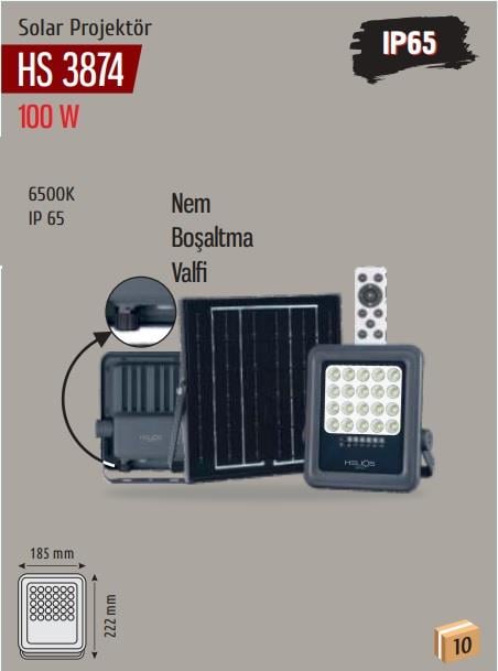 HELIOS HS-3874 100W Solar LED Projektör – 6500K Beyaz Işık, Güneş Enerjili, Su Geçirmez