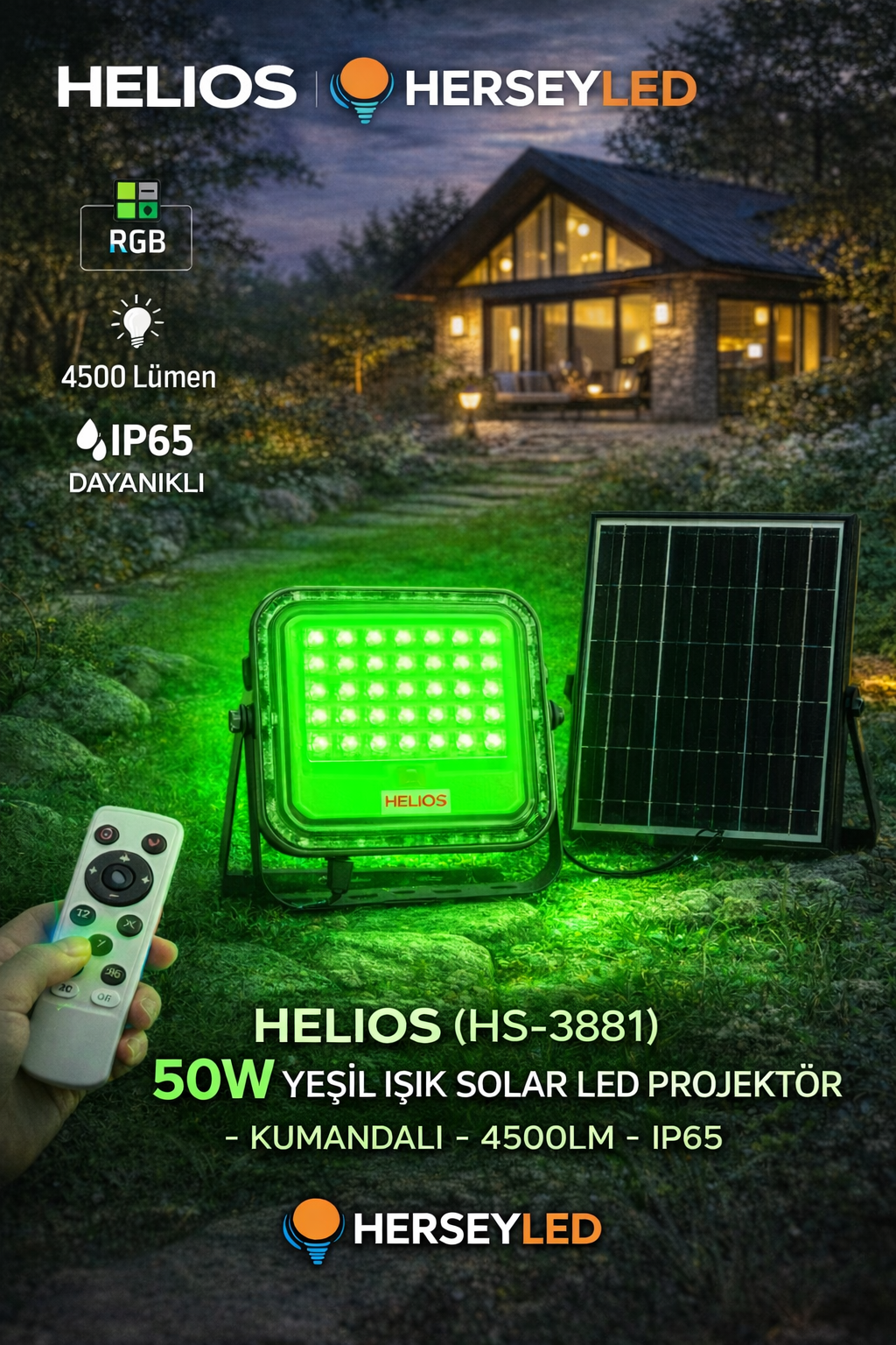 HELIOS (HS-3881) 50W YEŞİL IŞIK SOLAR LED PROJEKTÖR - KUMANDALI - 4500LM - IP65