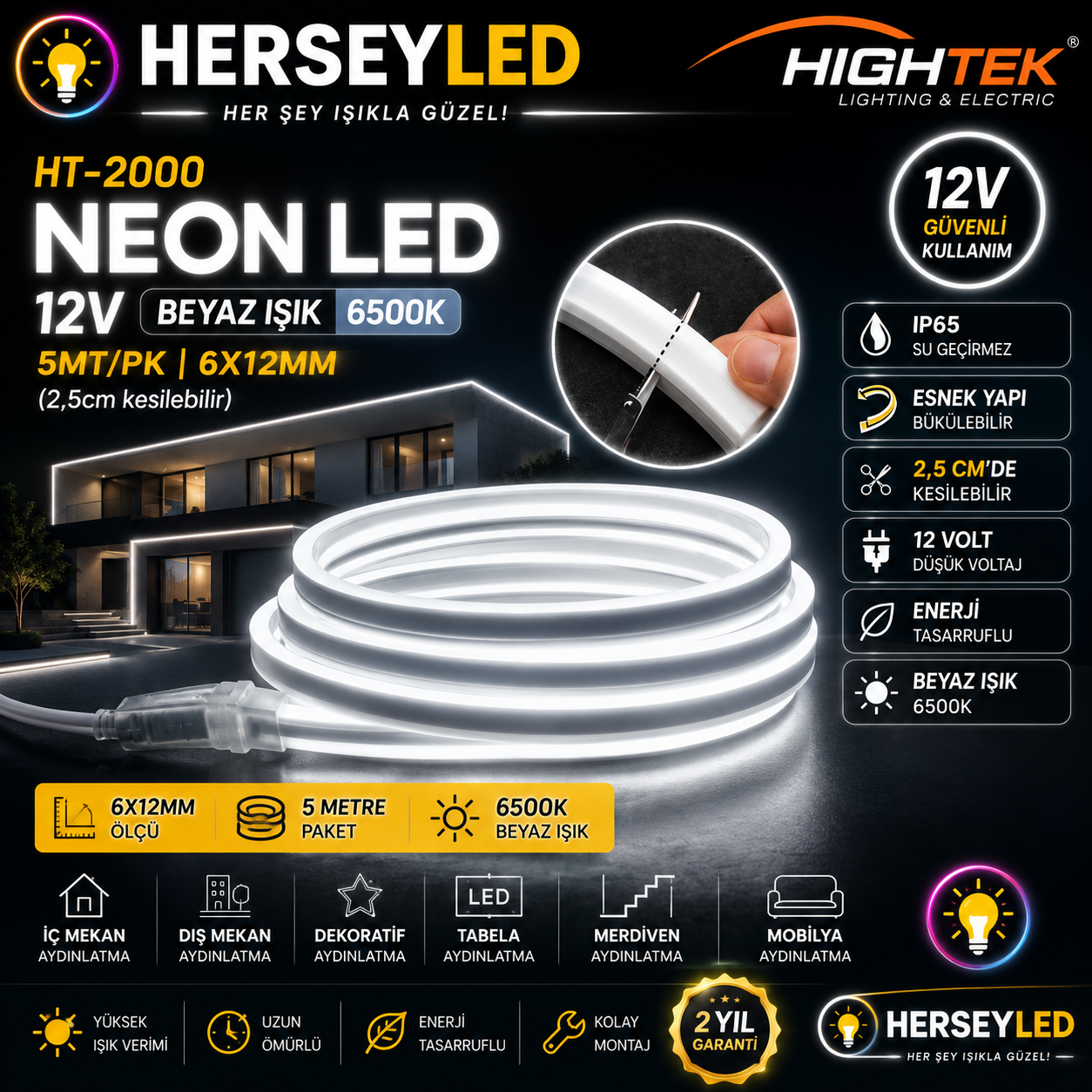 HIGHTEK 12V NEON LED BEYAZ 6500K ( 5mt/pk )  (6x12mm) HT-2000
