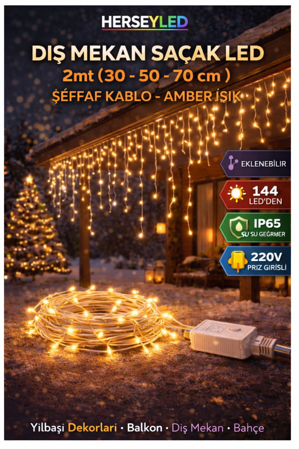SAÇAK LED AMBER IŞIK ( DIŞ MEKAN IP65 ) 2mt ( 30-50-70cm) EKLENEBİLİR  ŞEFFAF KABLOLU YILBAŞI LED IŞIK 220V (ALS-1441AS )