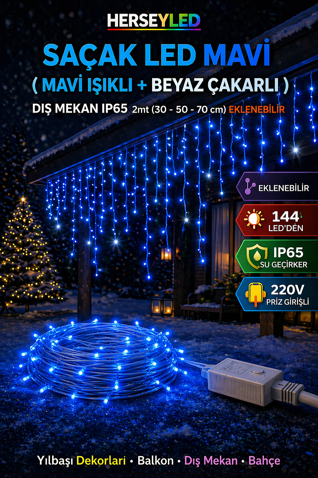 SAÇAK LED MAVİ IŞIK  ( BEYAZ PARILTILI ) DIŞ MEKAN IP65 2mt (30 -50-70cm) EKLENEBİLİR 144 LEDLİ BEYAZ KABLOLU YILBAŞI LED IŞIK 220V (ALS-1441MB )