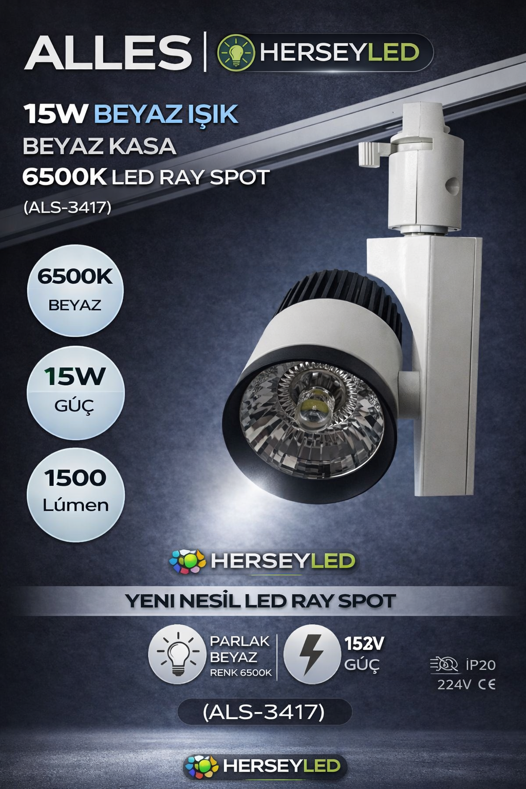 ALLES 15W BEYAZ IŞIK BEYAZ KASA 6500K LED RAY SPOT