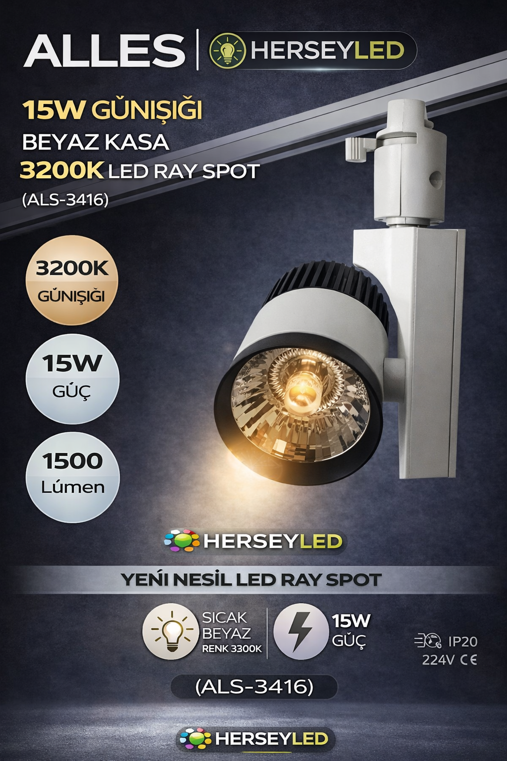 ALLES 15W GÜNIŞIĞI 3200K  BEYAZ KASA LED RAY SPOT