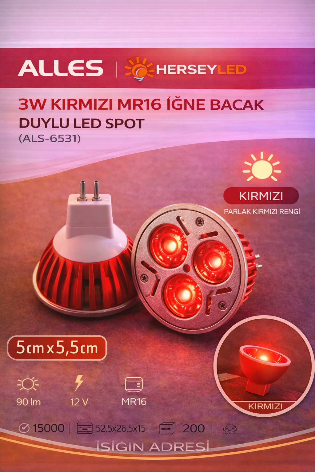 ALLES 3W KIRMIZI MR16 İĞNE BACAK DUYLU LED SPOT