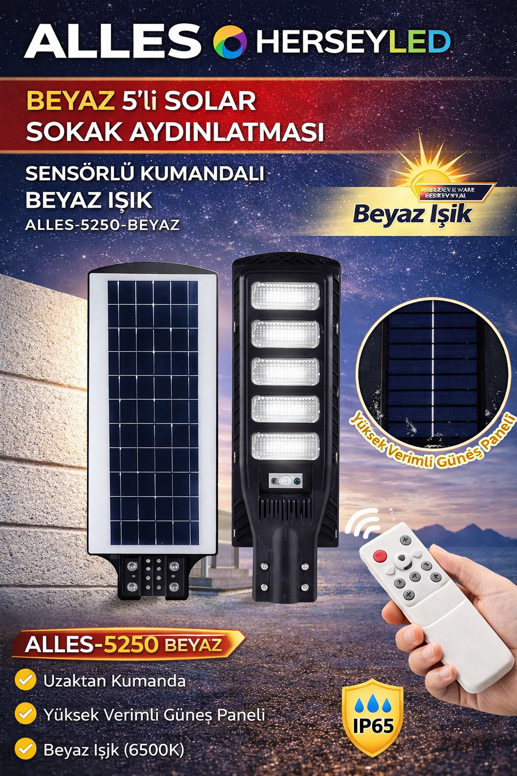ALLES BEYAZ 5-LI SOLAR SOKAK AYDINLATMASI SENSÖRLÜ KUMANDALI BEYAZ IŞIK ALLES-5250