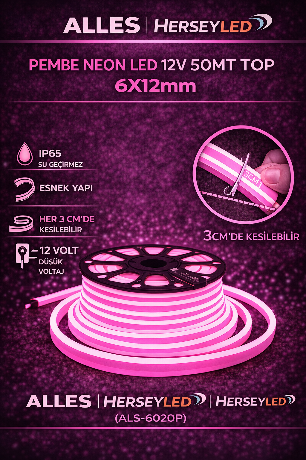 ALLES PEMBE 12V NEON LED 50MT TOP 6X12mm