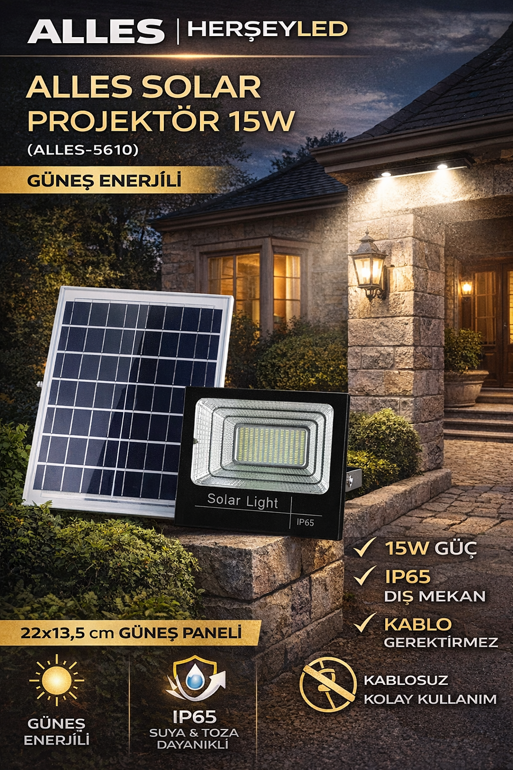 ALLES SOLAR PROJEKTÖR 15W GÜNEŞ ENERJİLİ ALLES-5610