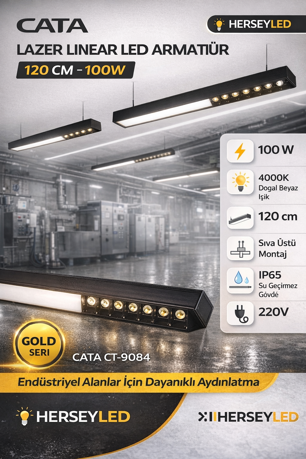 Cata 100W 120cm IP65 Lazer Linear Led Armatür CT-9084