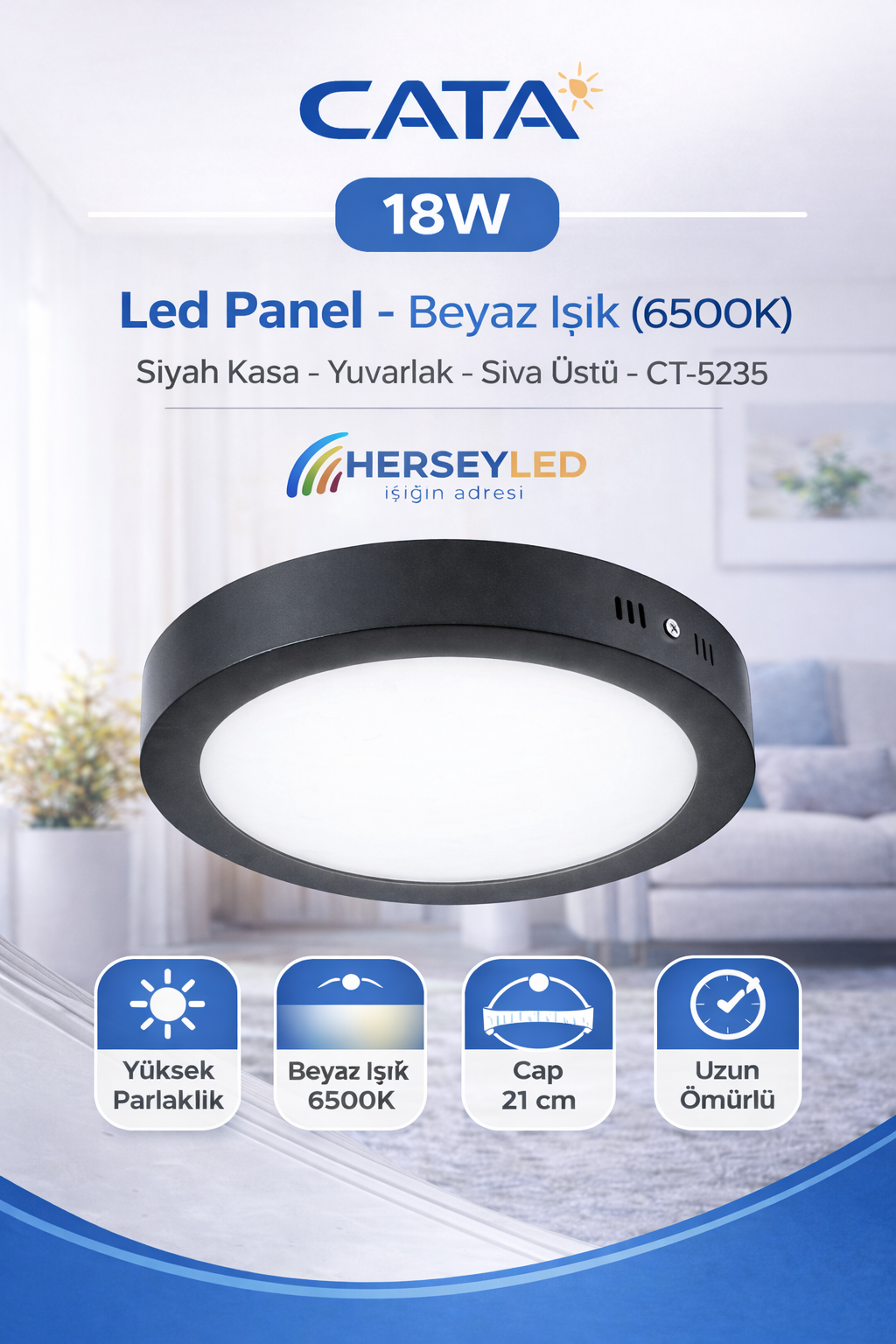 CATA 18W Led Panel - Beyaz Işık (6500K) - Siyah Kasa - Yuvarlak - Sıva Üstü - CT-5235