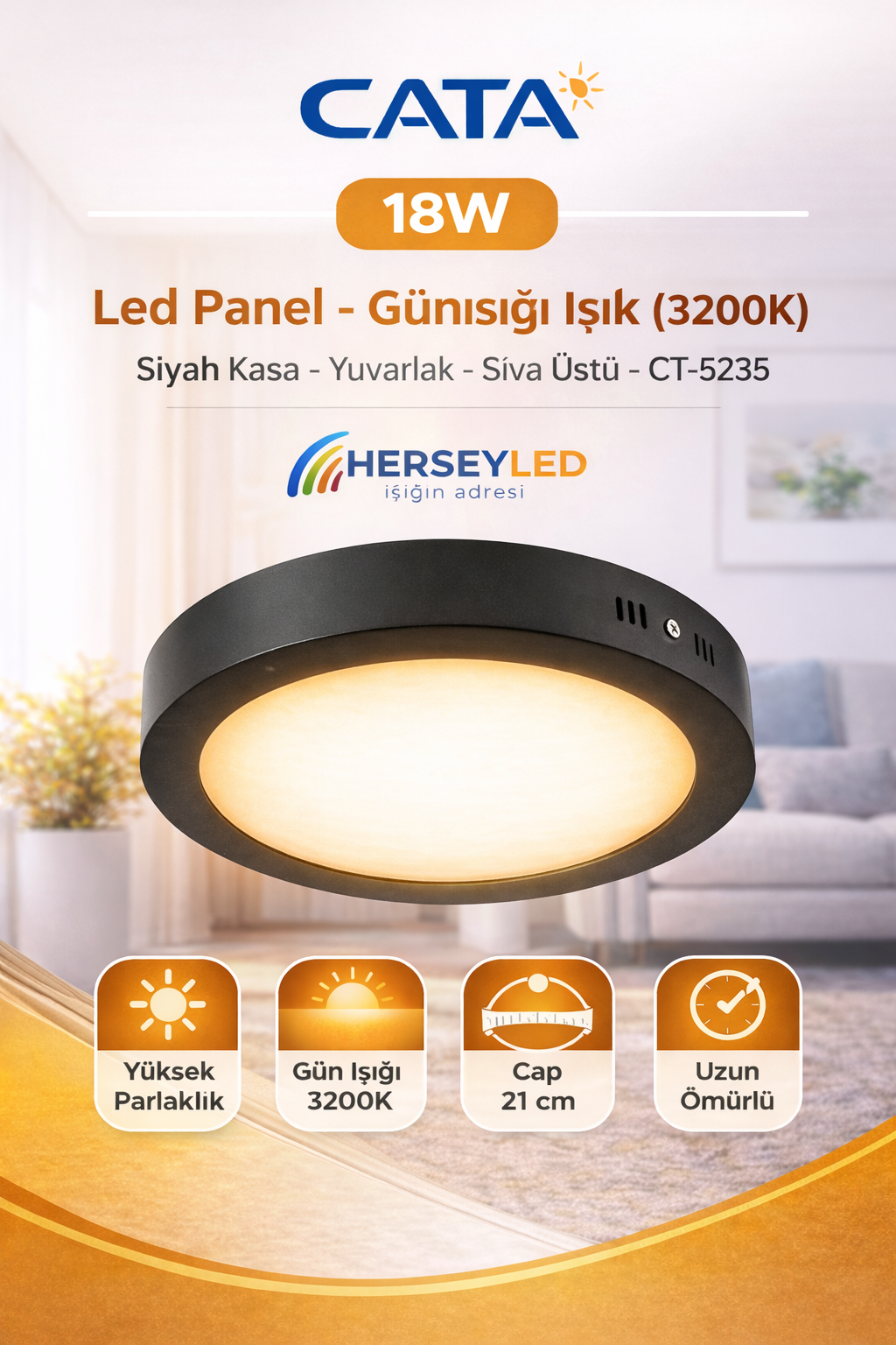 CATA 18W Led Panel - Günışığı Işık (3200K) - Siyah Kasa - Yuvarlak - Sıva Üstü - CT-5235