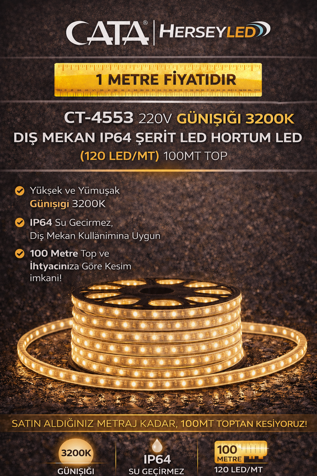 Cata 220 Volt Dış Mekan Hortum Led CT-4553 Günışığı