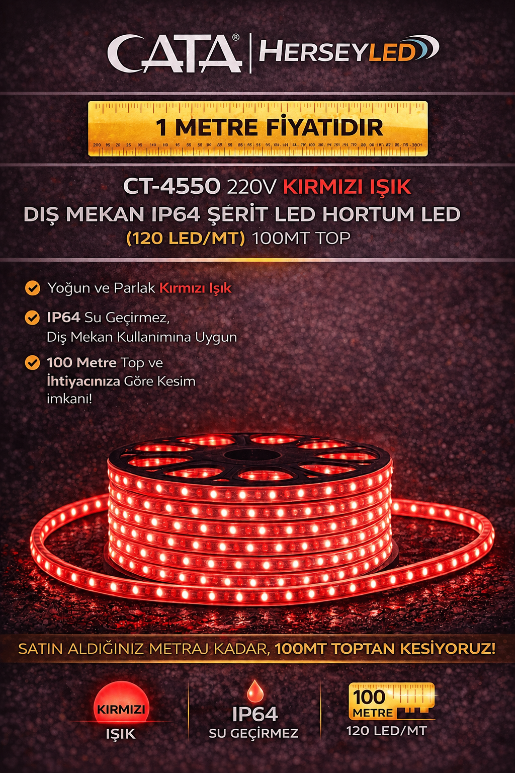 Cata 220 Volt Dış Mekan Hortum Led CT-4550 Kırmızı