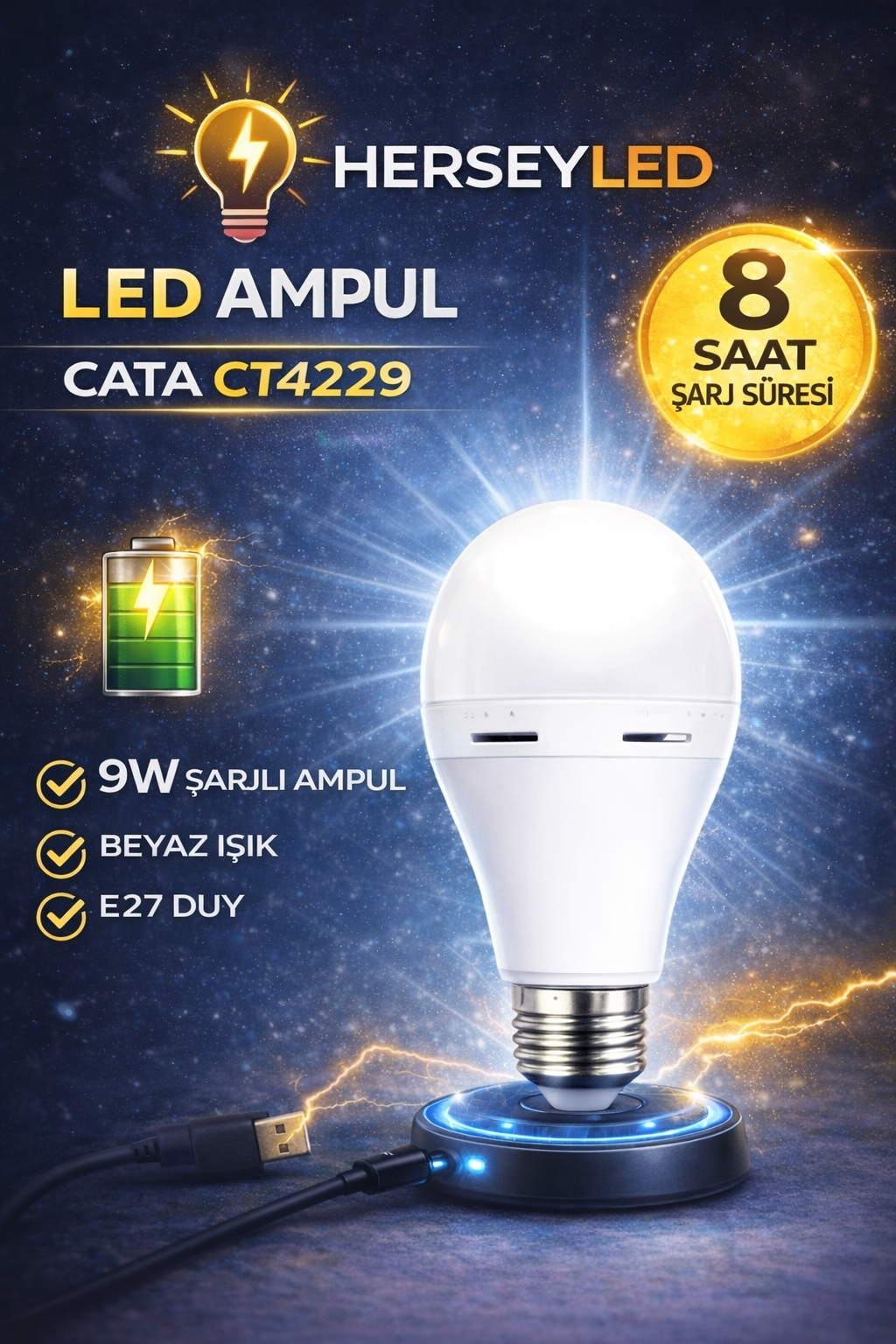 Cata 9W Şarjlı Led Ampul E27 6400K Beyaz CT-4229B