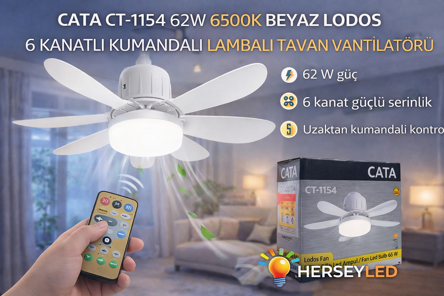 Cata CT-1154 62W 6500K Beyaz Lodos 6 Kanatlı Kumandalı Lambalı Tavan Vantilatörü