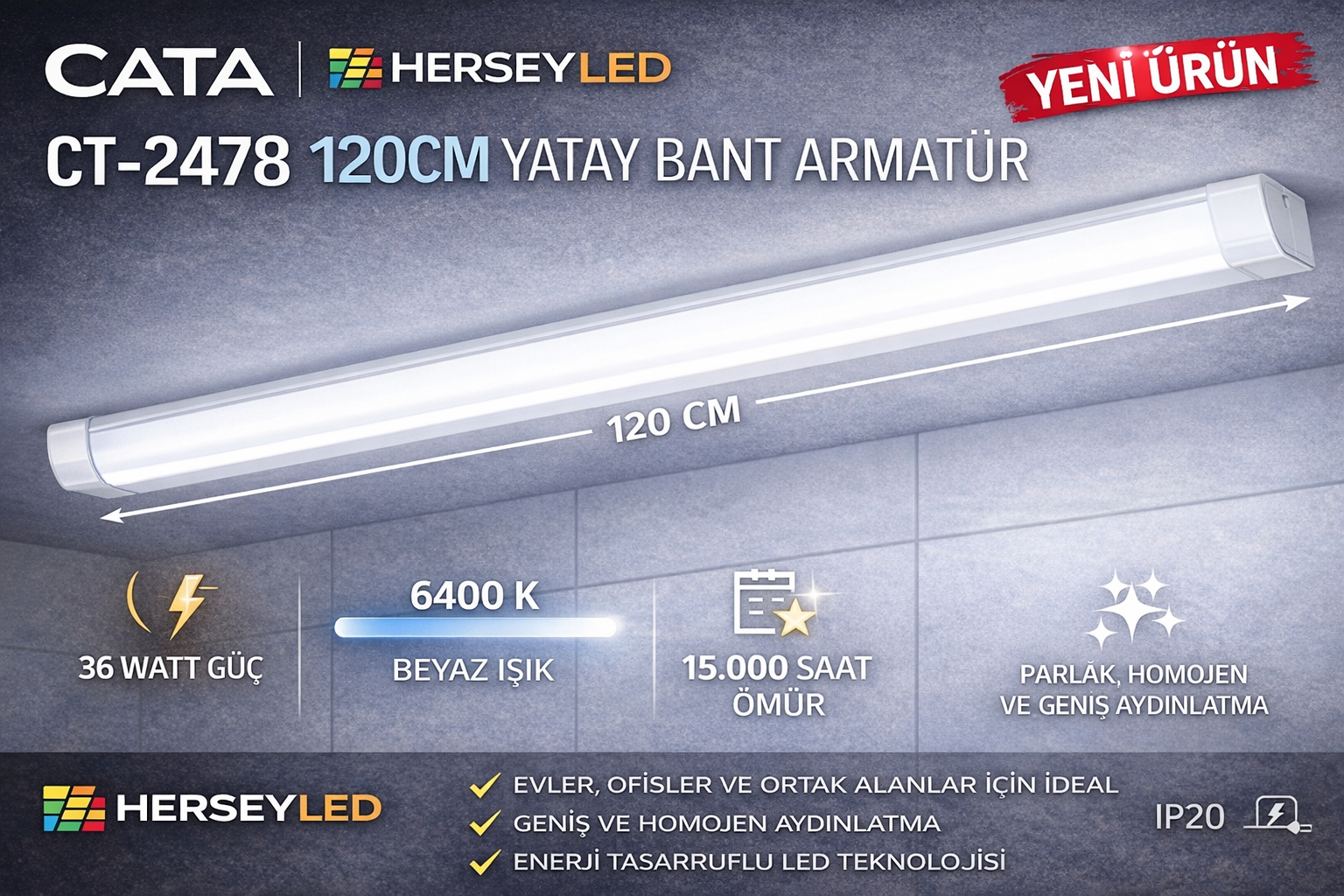 Cata CT-2478 36w 120cm Ledli Bant Armatür Beyaz ışık 6500k