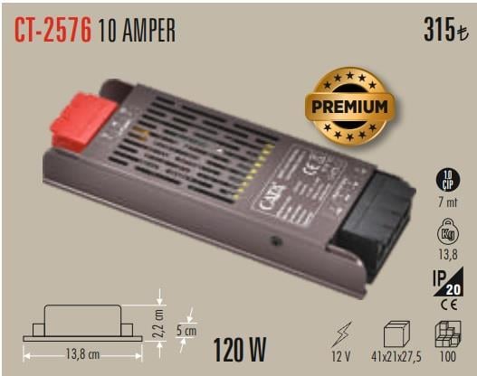 CATA  CT-2576 10 Amper 12V ŞERİT LED TRAFOSU 120W SLİM MODEL