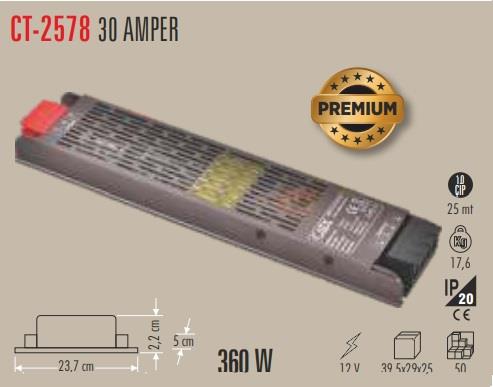 CATA CT-2578 30 Amper 12V ŞERİT LED TRAFOSU (360W) (SLIM-FANSIZ)