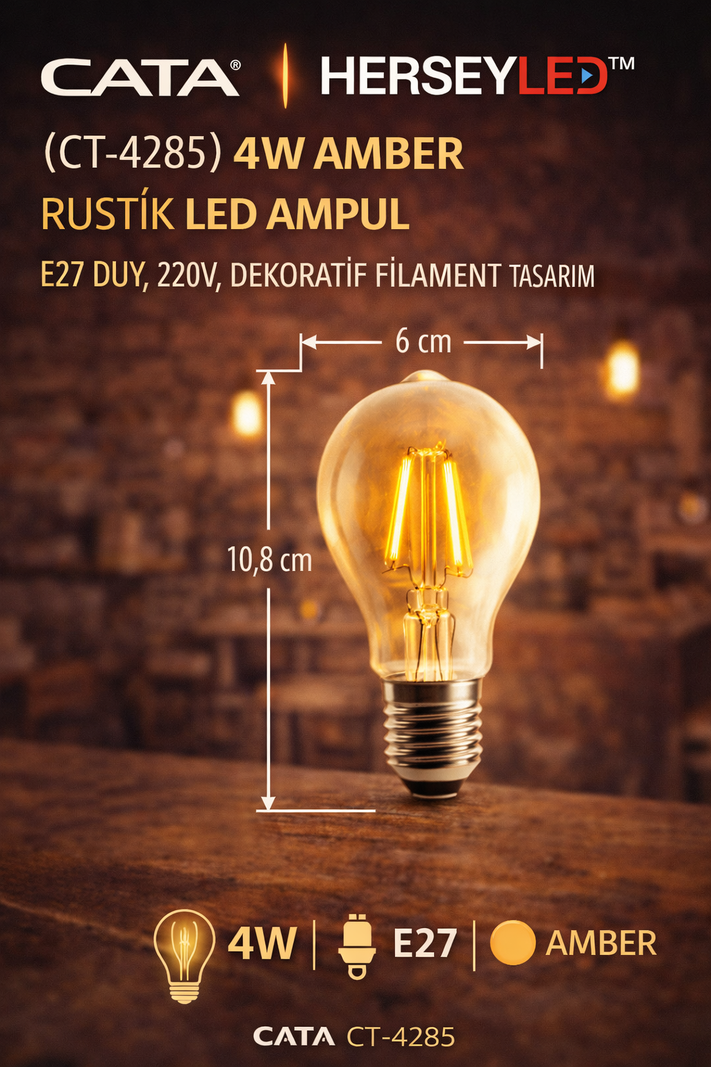 CATA CT-4285 4W Amber Rustik LED Ampul – E27 Duy, 220V, Dekoratif Filament Tasarım