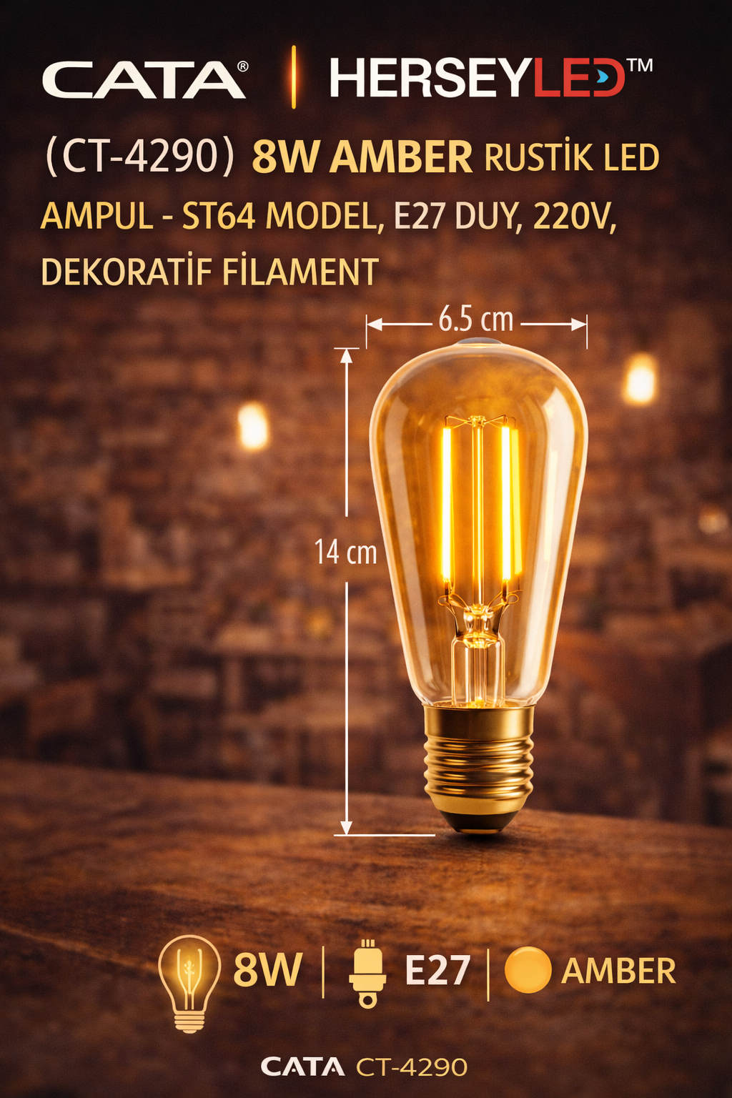 CATA CT-4290 8W Amber Rustik LED Ampul – ST64 Model, E27 Duy, 220V, Dekoratif Filament