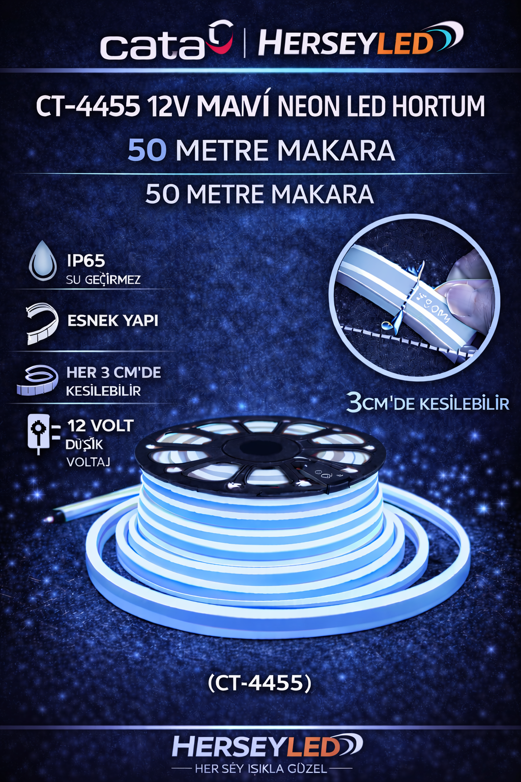 CATA CT-4455 12V NEON LED MAVİ HORTUM 50 METRE MAKARA CT-4555