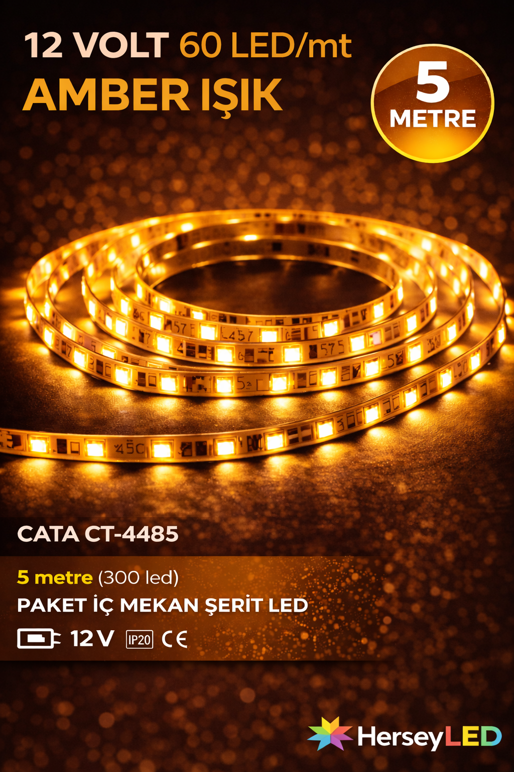 Cata CT-4485 Amber 10 Çipli Şerit LED İç Mekan 12V Amber  5MT/PAKET