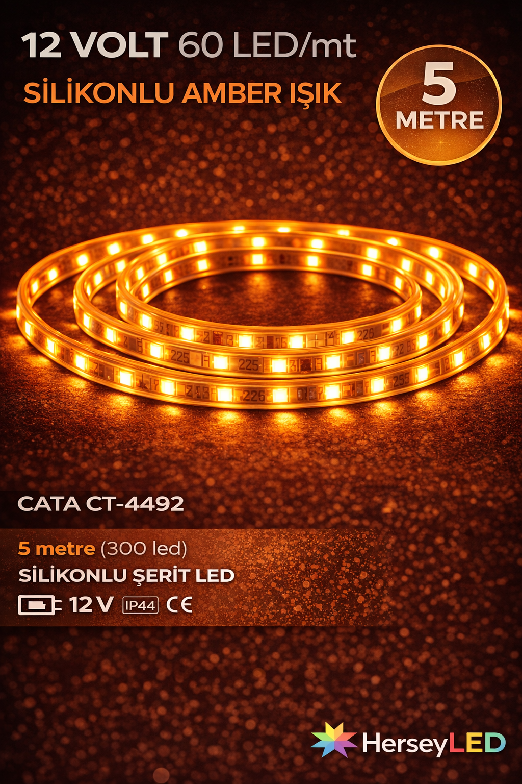Cata CT-4492 Dış Mekan Amber Renk Silikonlu Şerit LED  (5 Metre)