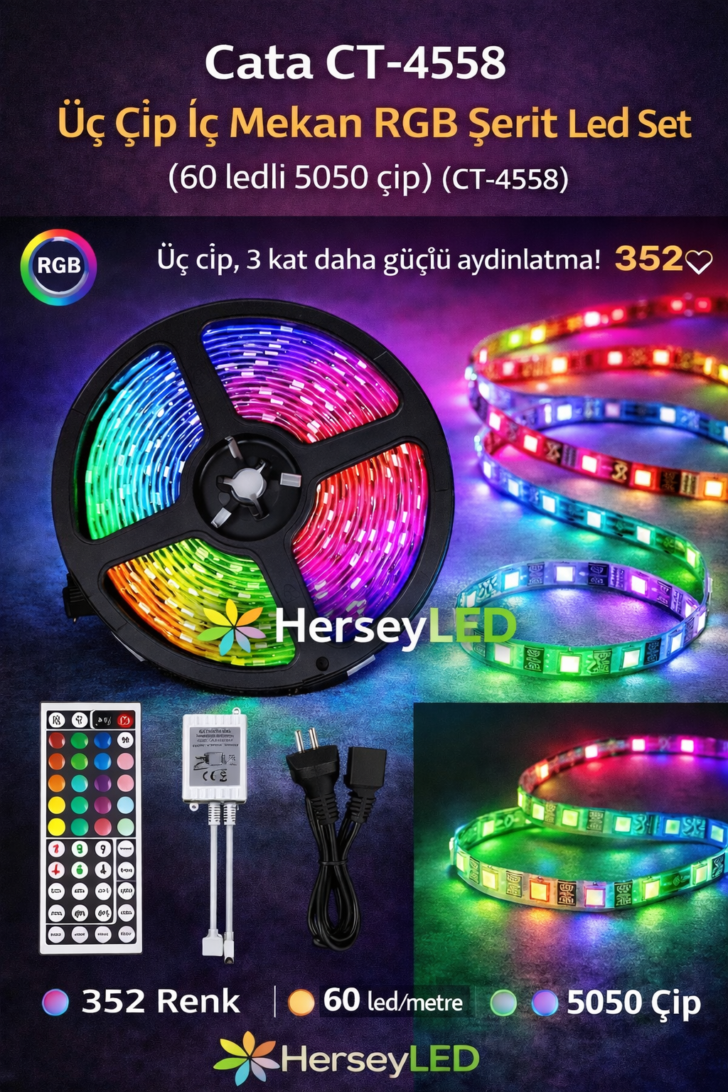 Cata CT-4558 Üç Çip İç Mekan RGB Şerit Led Set (60 ledli 5050 çip)