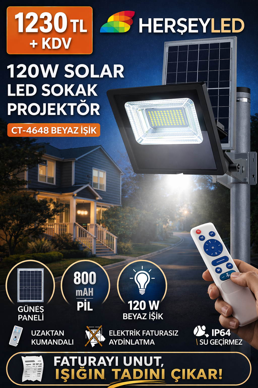 Cata (CT-4648)  120W SOLAR Led Sokak Prjektör KONGO (Beyaz Işık) (29X35 Solar panel )