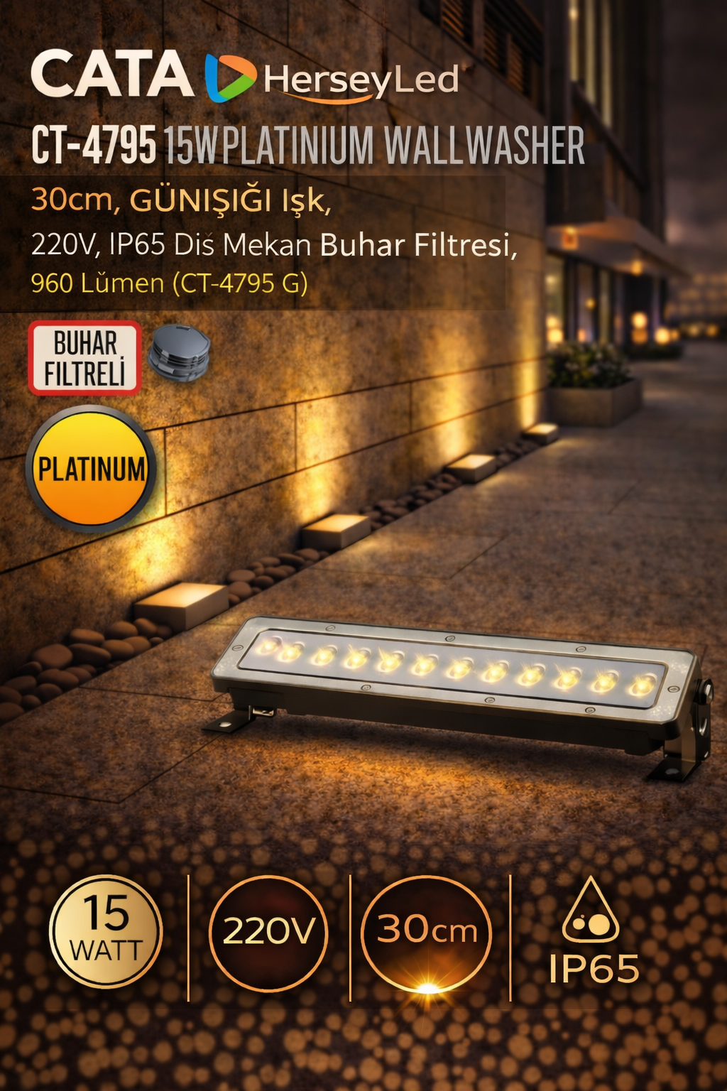 CATA CT-4795 15W Platinium Wallwasher – 30cm GÜNIŞIĞI Işık, 220V, IP65 Dış Mekan Buhar Filtresi, 960 Lümen