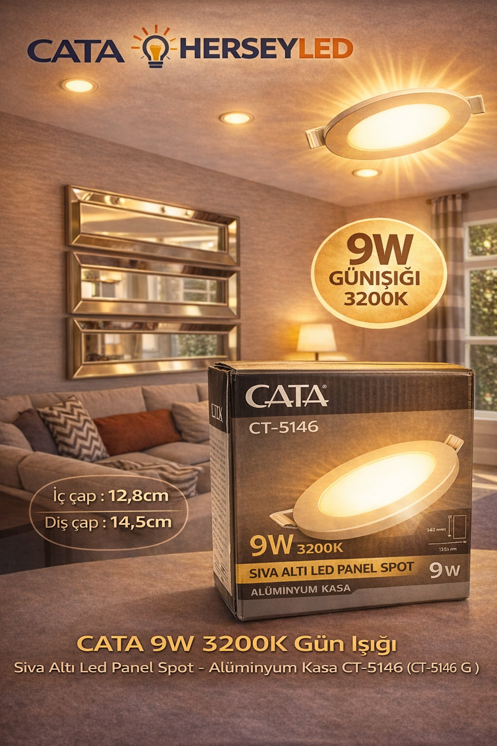 CATA CT-5146 9W  3000K Gün Işığı Sıva Altı Led Panel Spot- Alüminyum Kasa CT-5146 G