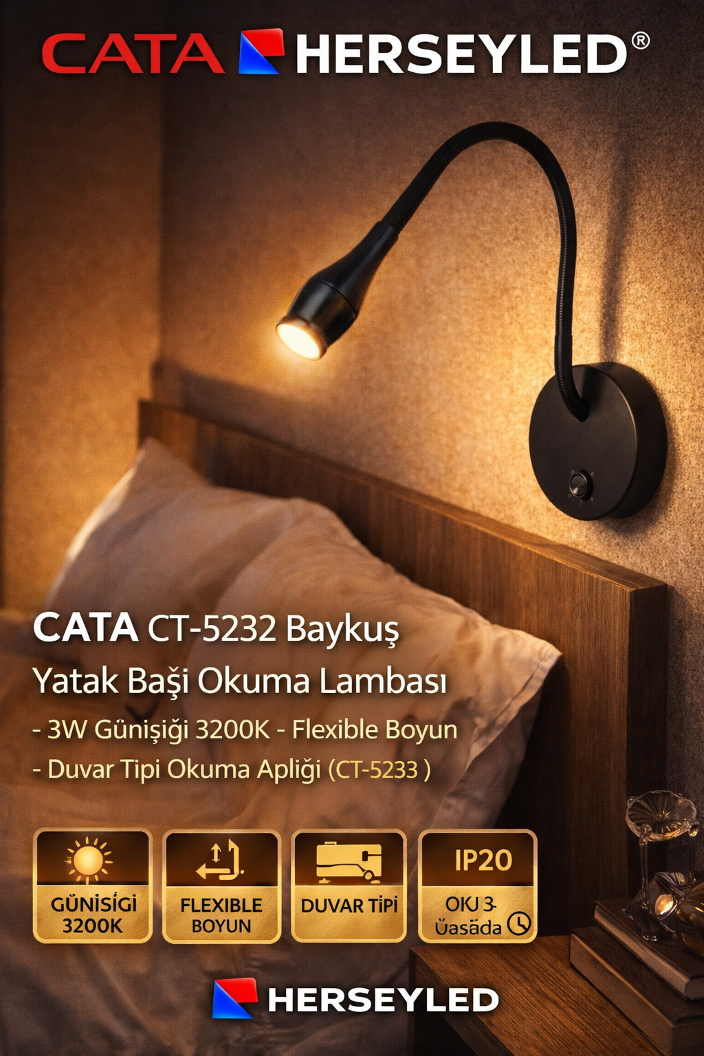CATA CT-5232 Baykuş Yatak Başı Okuma Lambası - 3W Günışığı 3200K - Flexible Boyun - Duvar Tipi Okuma Apliği