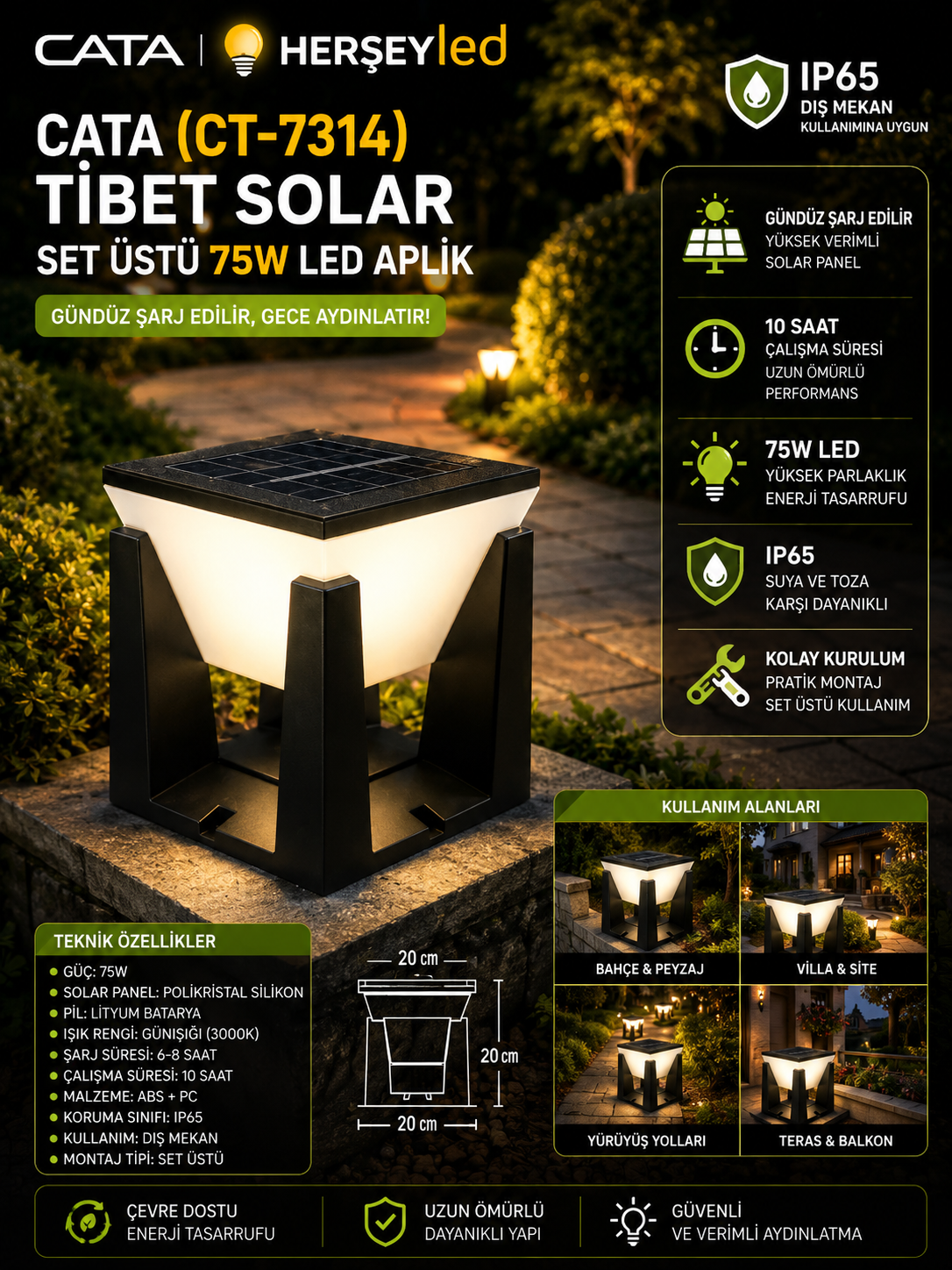 CATA (CT-7314) TİBET SOLAR SET ÜSTÜ 75W LED APLİK