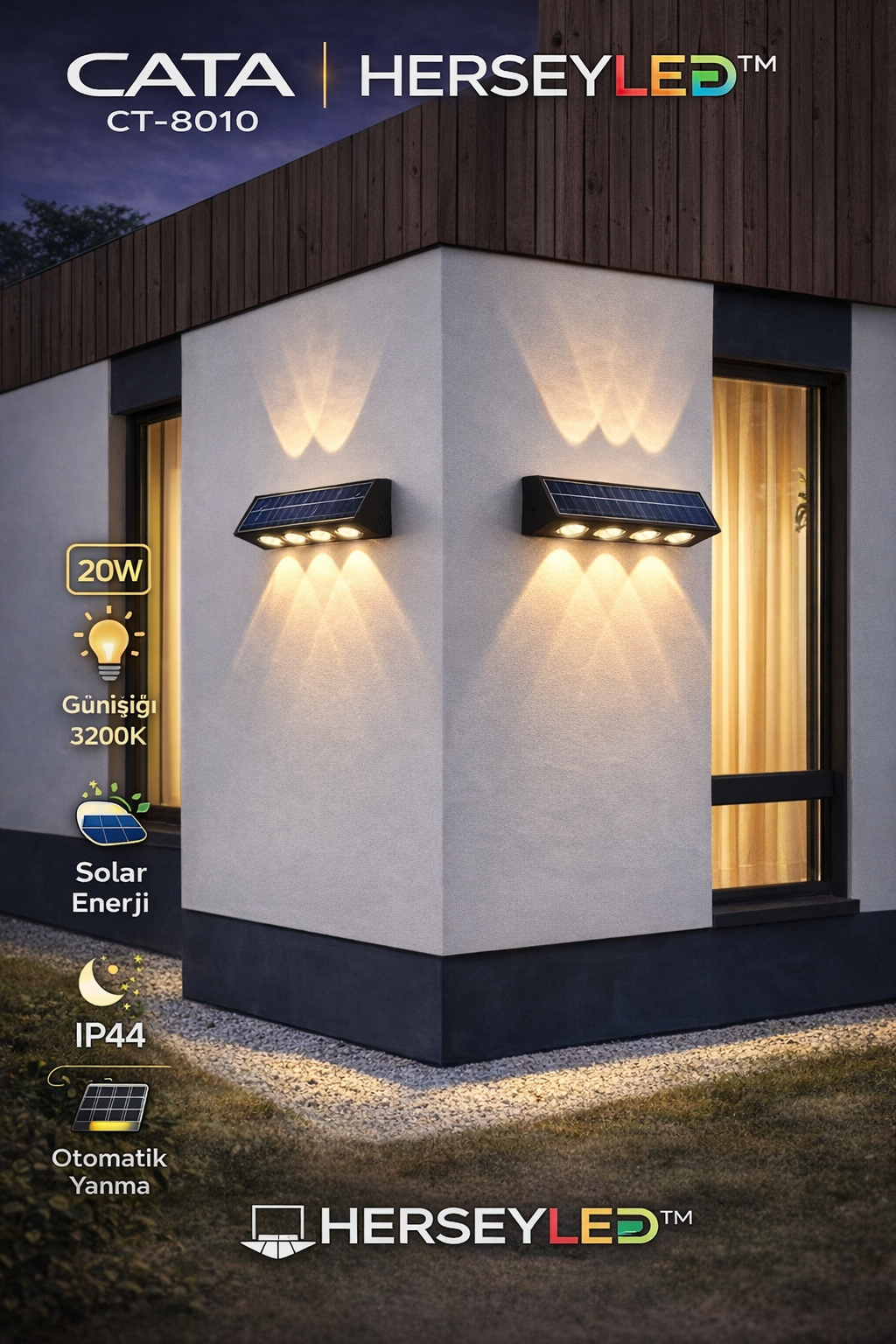 CATA CT-8010 20W GÜNIŞIĞI KOS SOLAR LED APLİK GÜNIŞIĞI DIŞ MEKAN