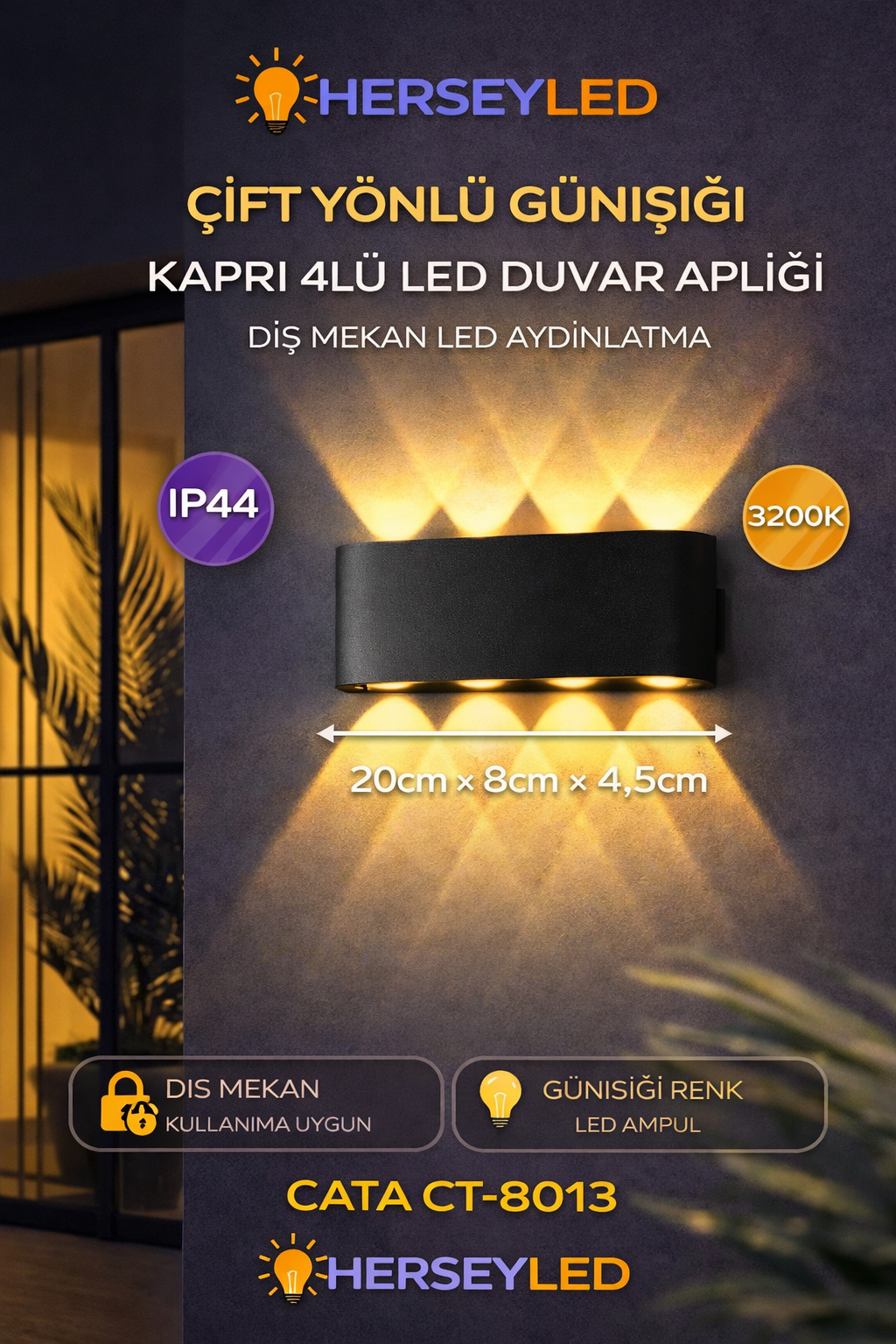 Cata CT-8013 15W IP44 3200K Günışığı Kapri Led Duvar Apliği